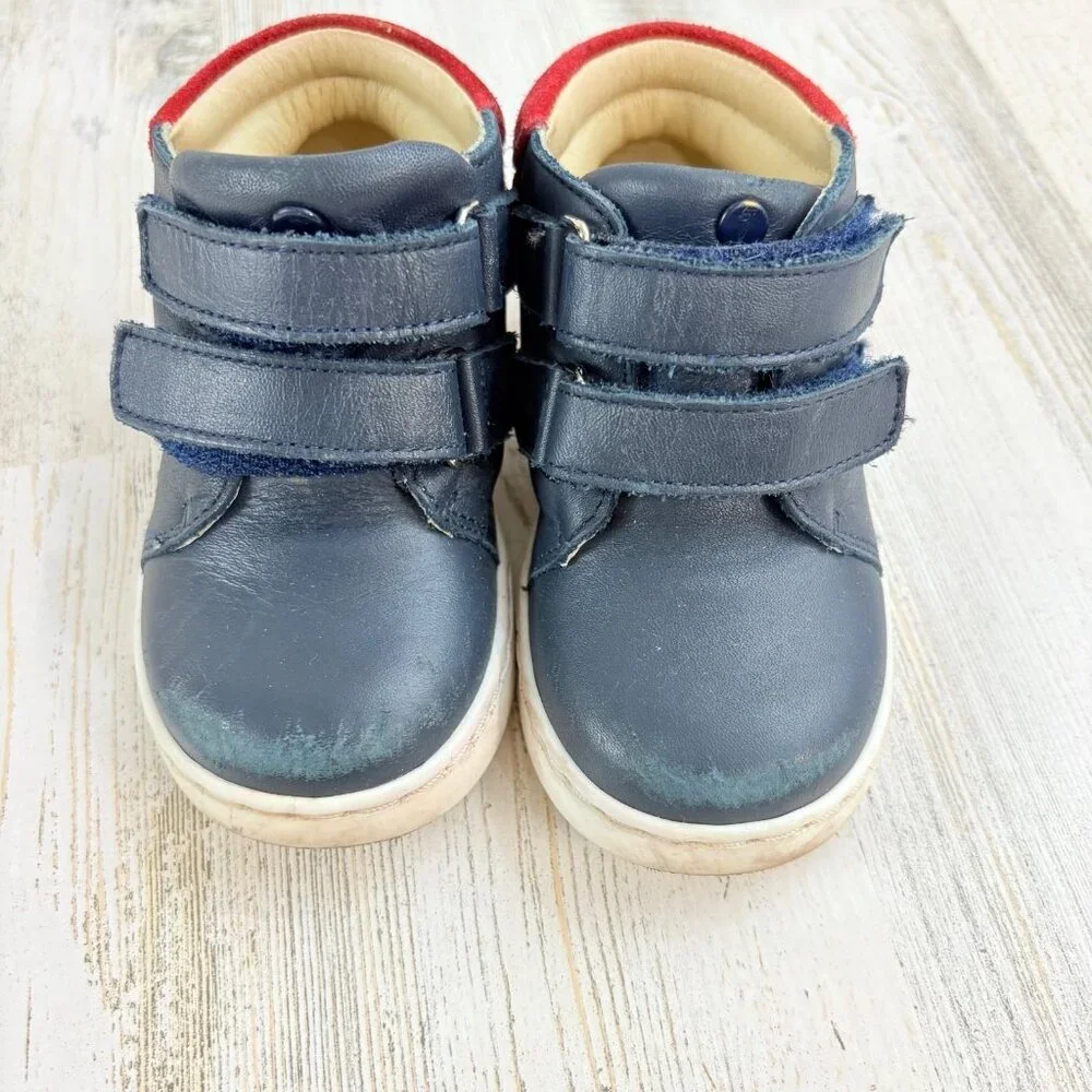 Jacadi Paris Navy Blue Red Leather Boots Sz 21 Baby Boys Sz 5 18 M